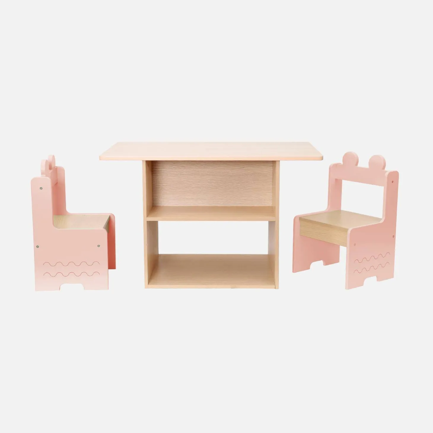 Mesa para niños + 2 sillas, con estantes