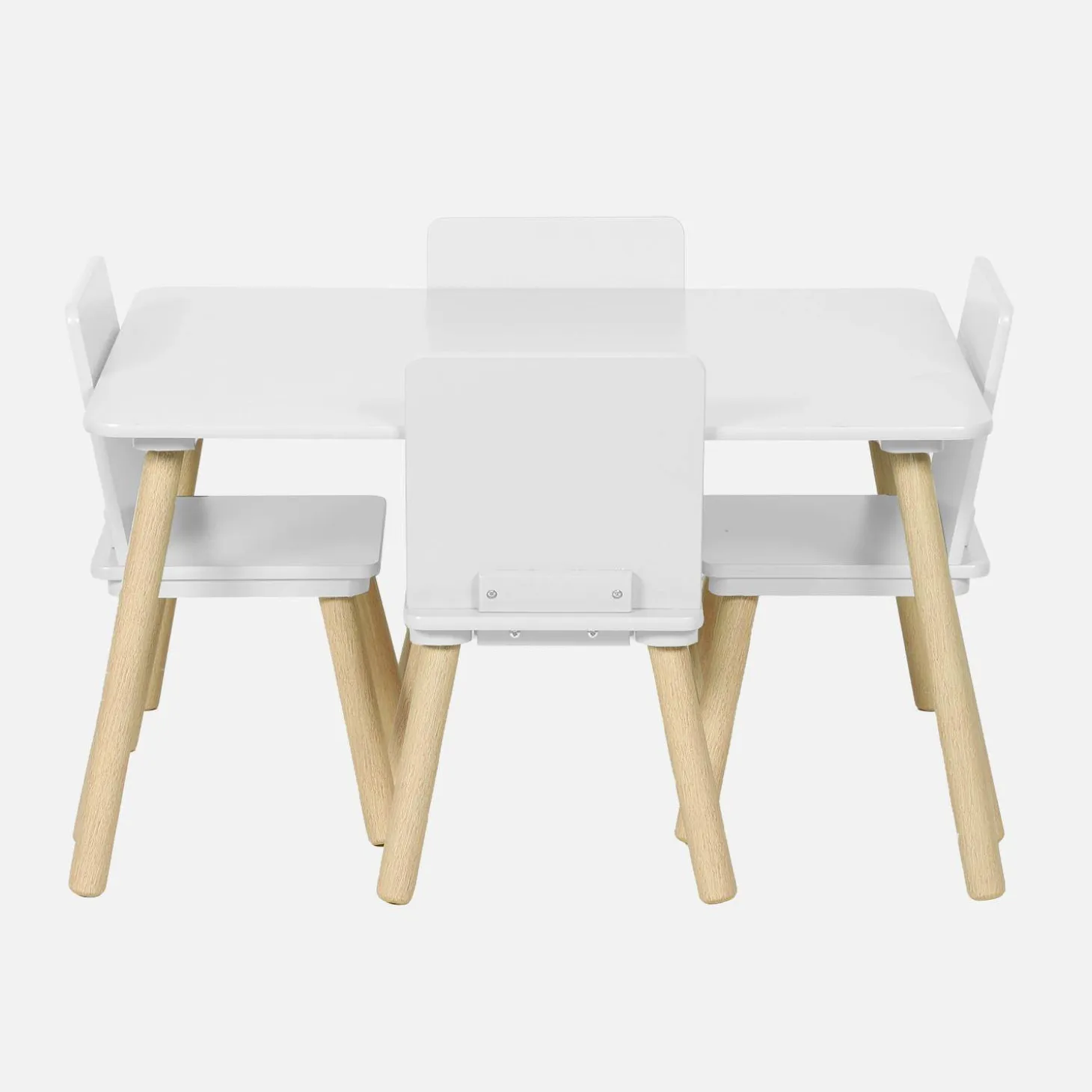 Mesa rectangular infantil de madera de pino, 4 sillas
