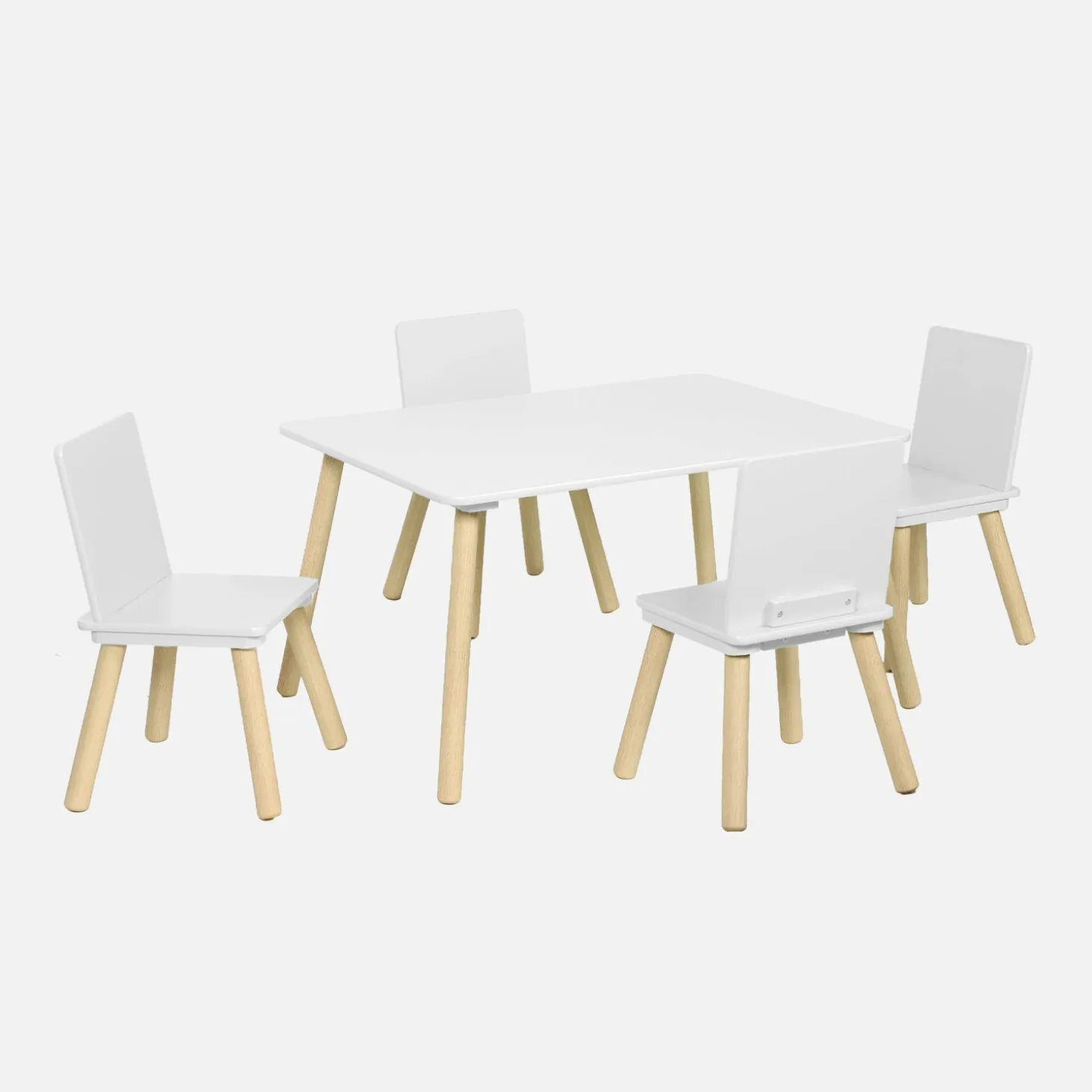 Mesa rectangular infantil de madera de pino, 4 sillas