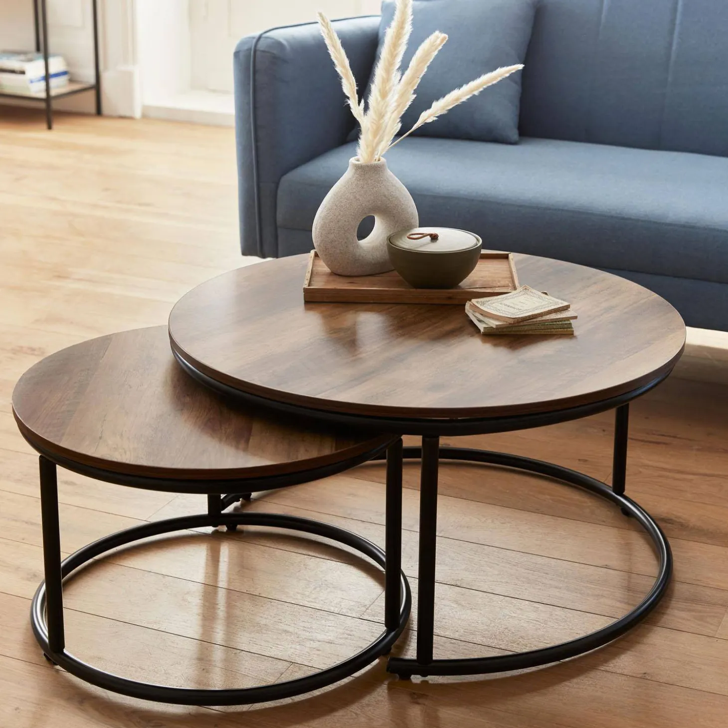 Mesa redonda nido con efecto madera, set de 2