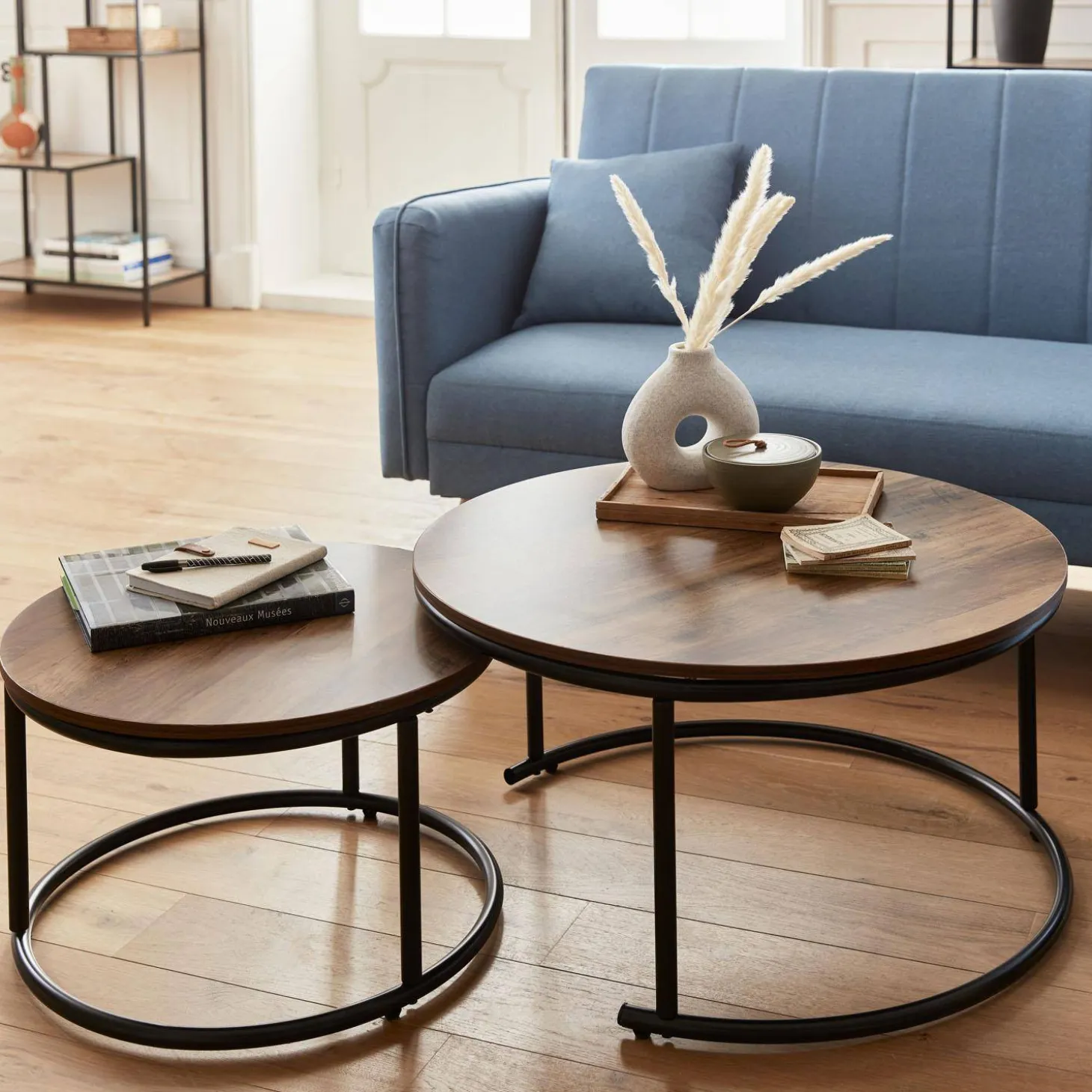 Mesa redonda nido con efecto madera, set de 2