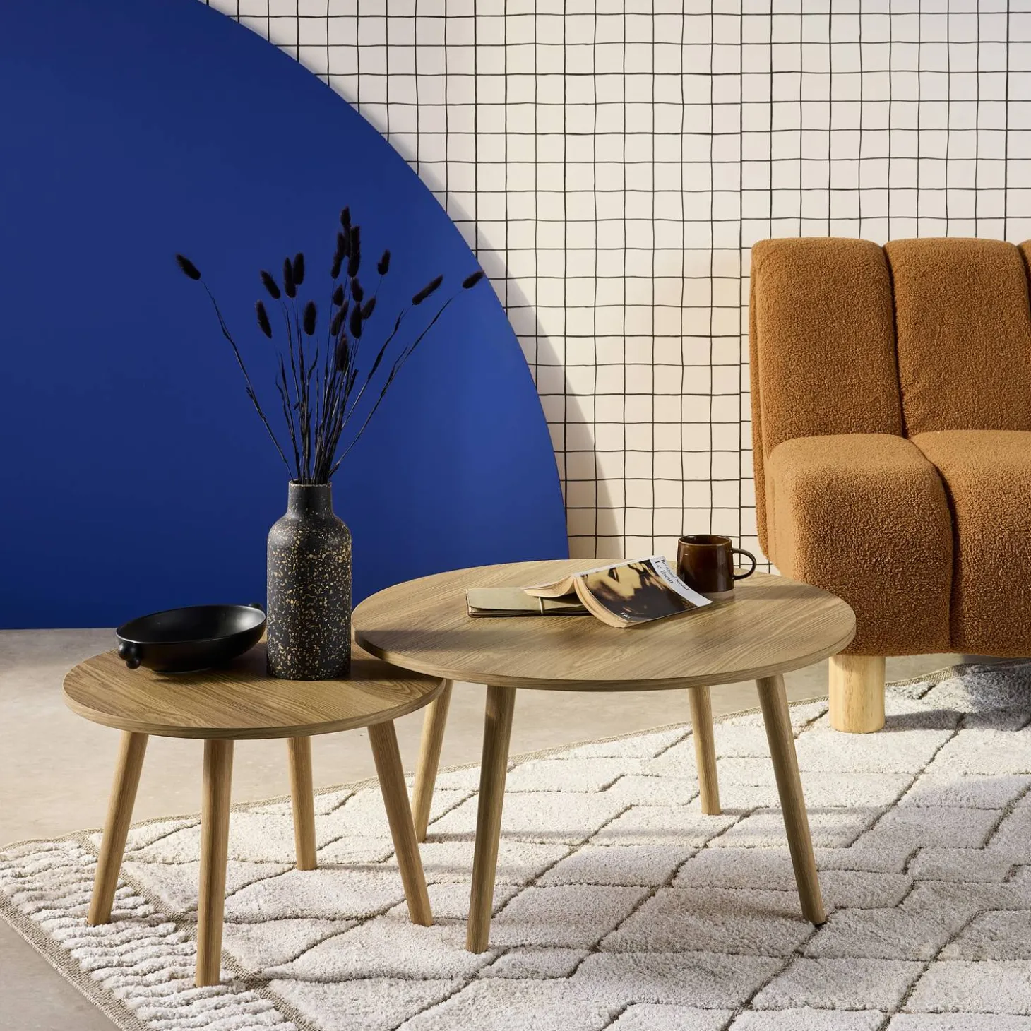 Mesas nido vintage redondas con efecto madera, set de 2