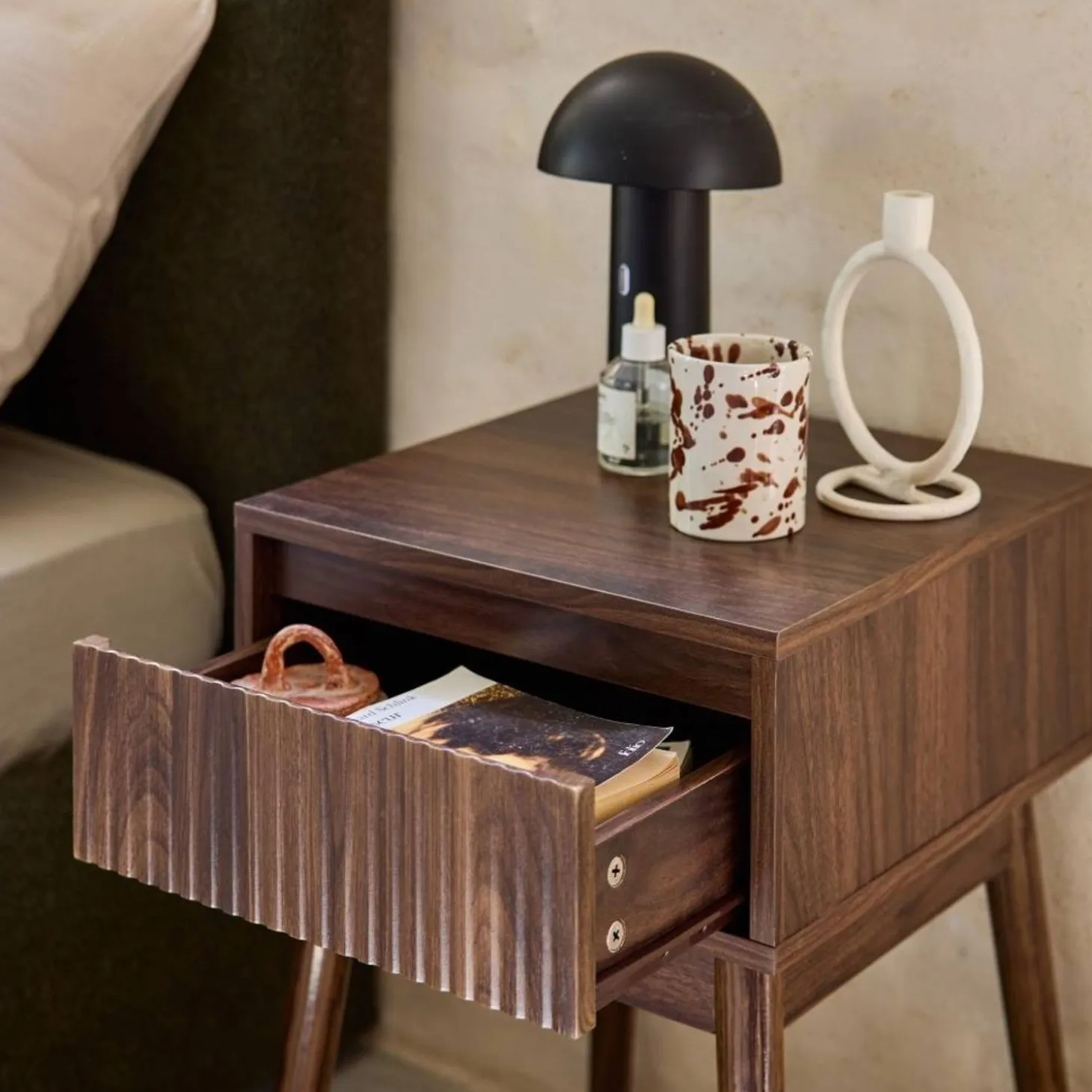 Mesita de noche de 1 cajón con efecto madera, set de 2