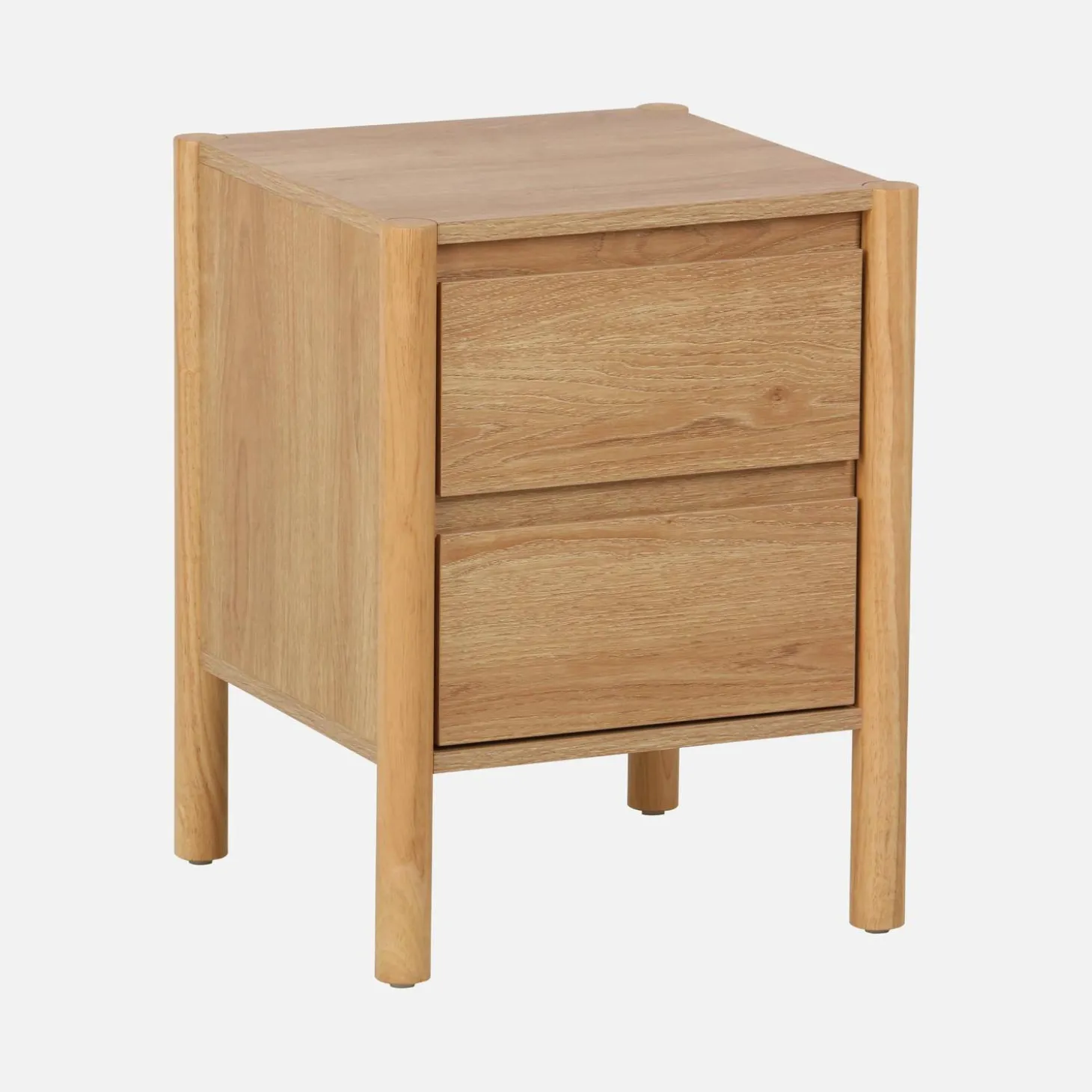 Mesita de noche con decoración de madera, 2 cajones