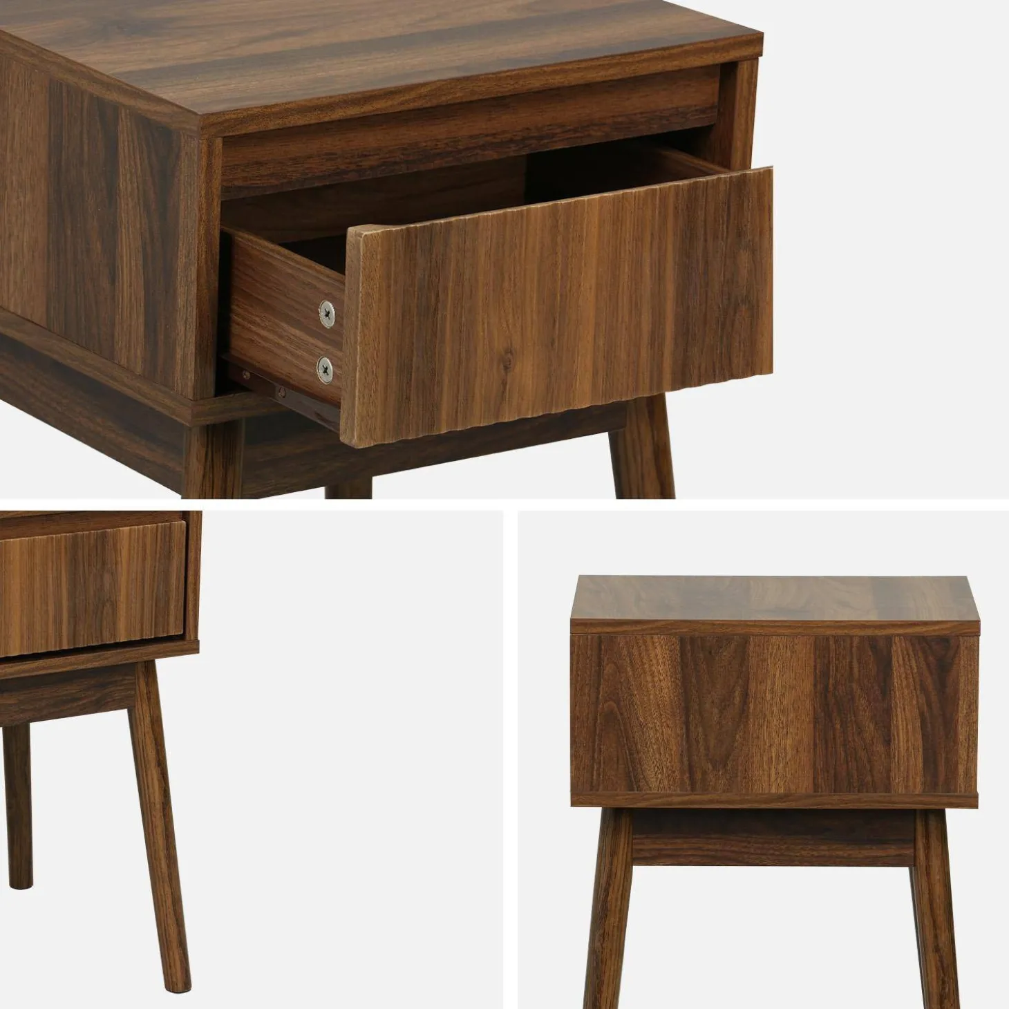 Mesita de noche con efecto madera, 1 cajón