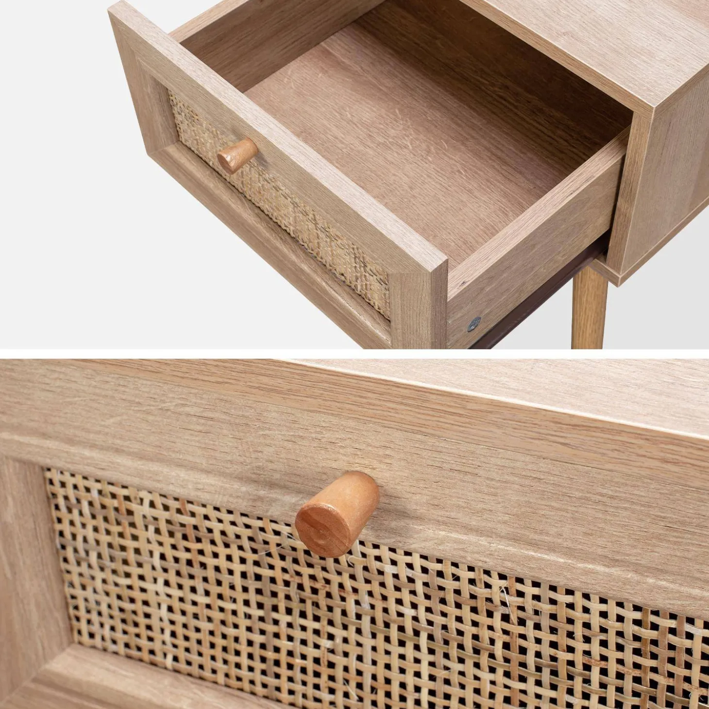 Mesita de noche de 1 cajón con efecto madera y caña