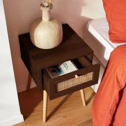 Mesita de noche de 1 cajón con efecto madera y caña