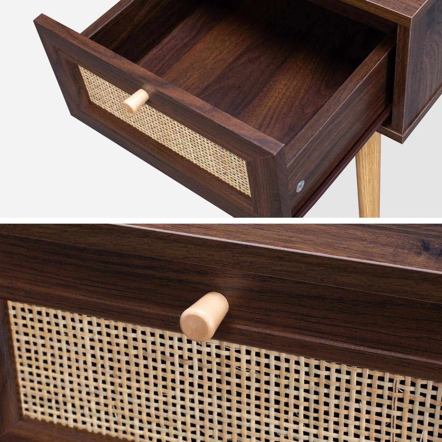Mesita de noche de 1 cajón con efecto madera y caña