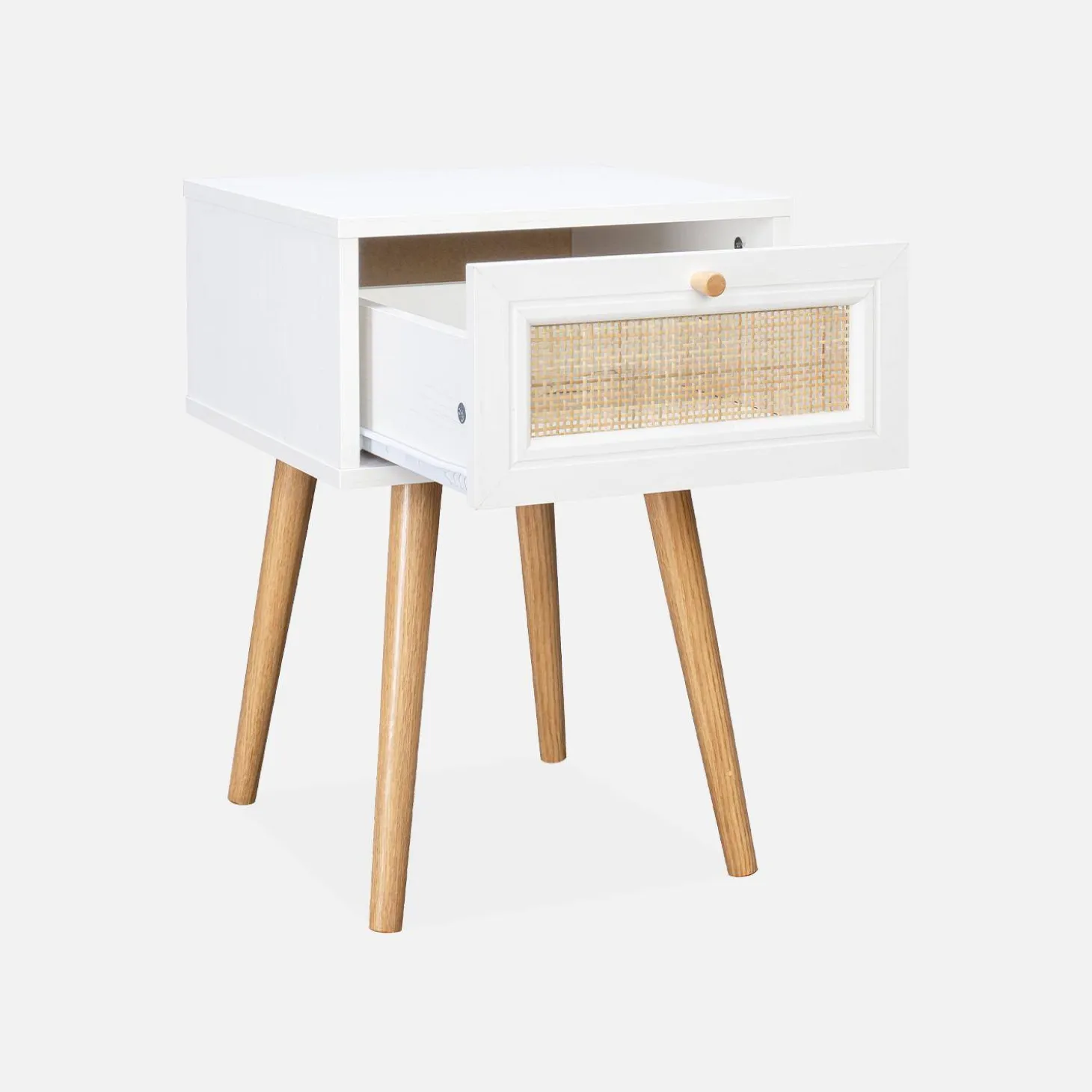 Mesita de noche de 1 cajón con efecto madera y caña, set de 2
