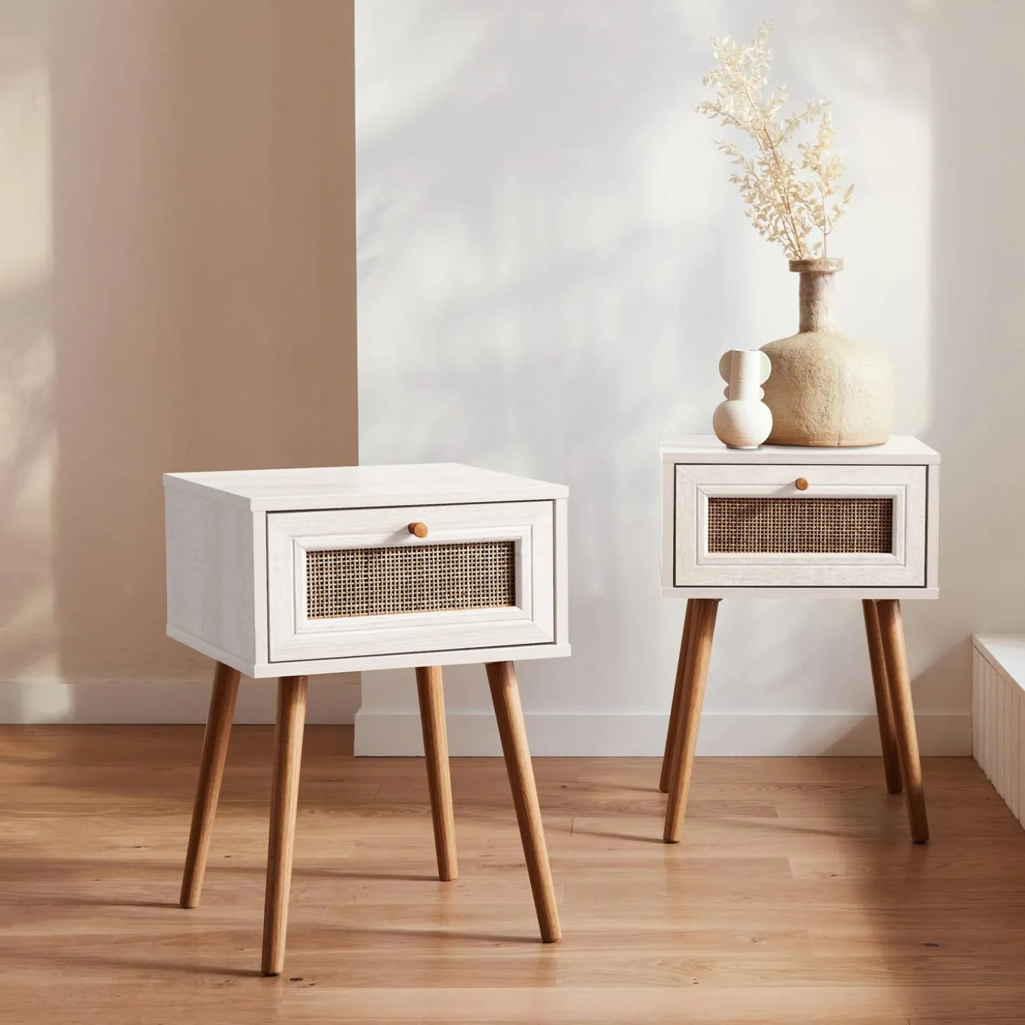 Mesita de noche de 1 cajón con efecto madera y caña, set de 2