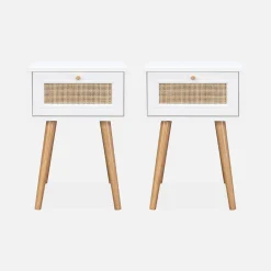 Mesita de noche de 1 cajón con efecto madera y caña, set de 2