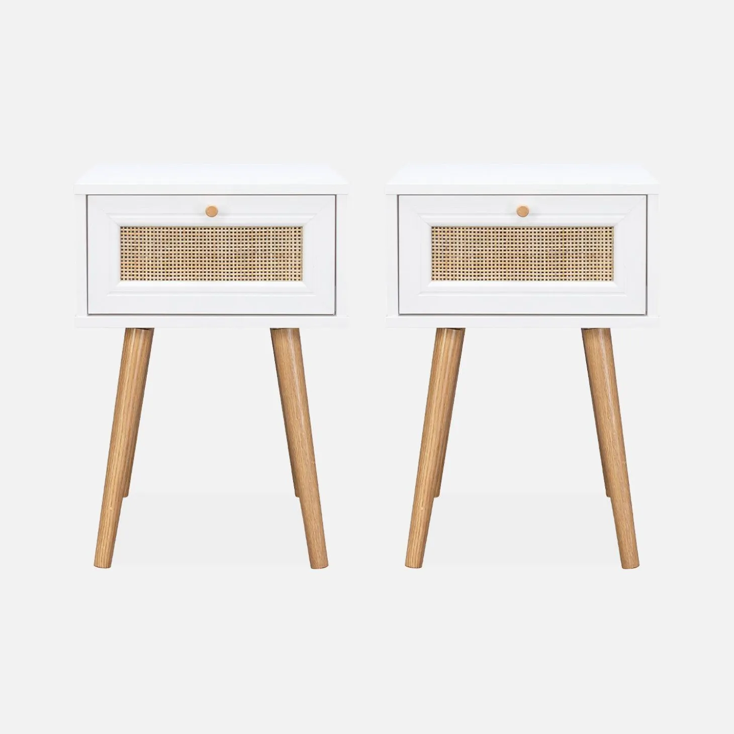 Mesita de noche de 1 cajón con efecto madera y caña, set de 2