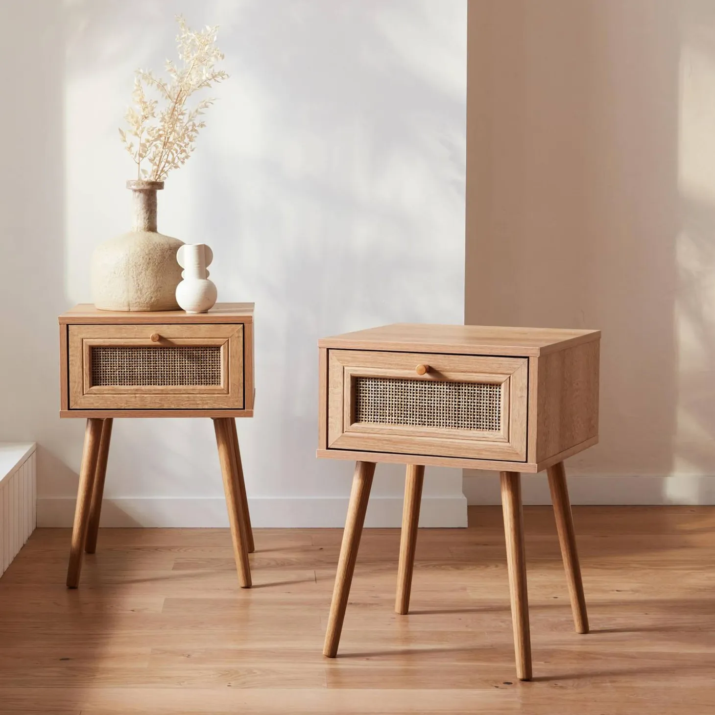 Mesita de noche de 1 cajón con efecto madera y caña, set de 2