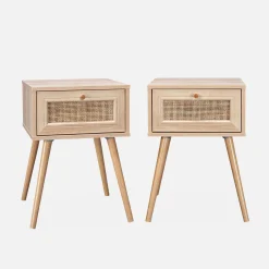 Mesita de noche de 1 cajón con efecto madera y caña, set de 2