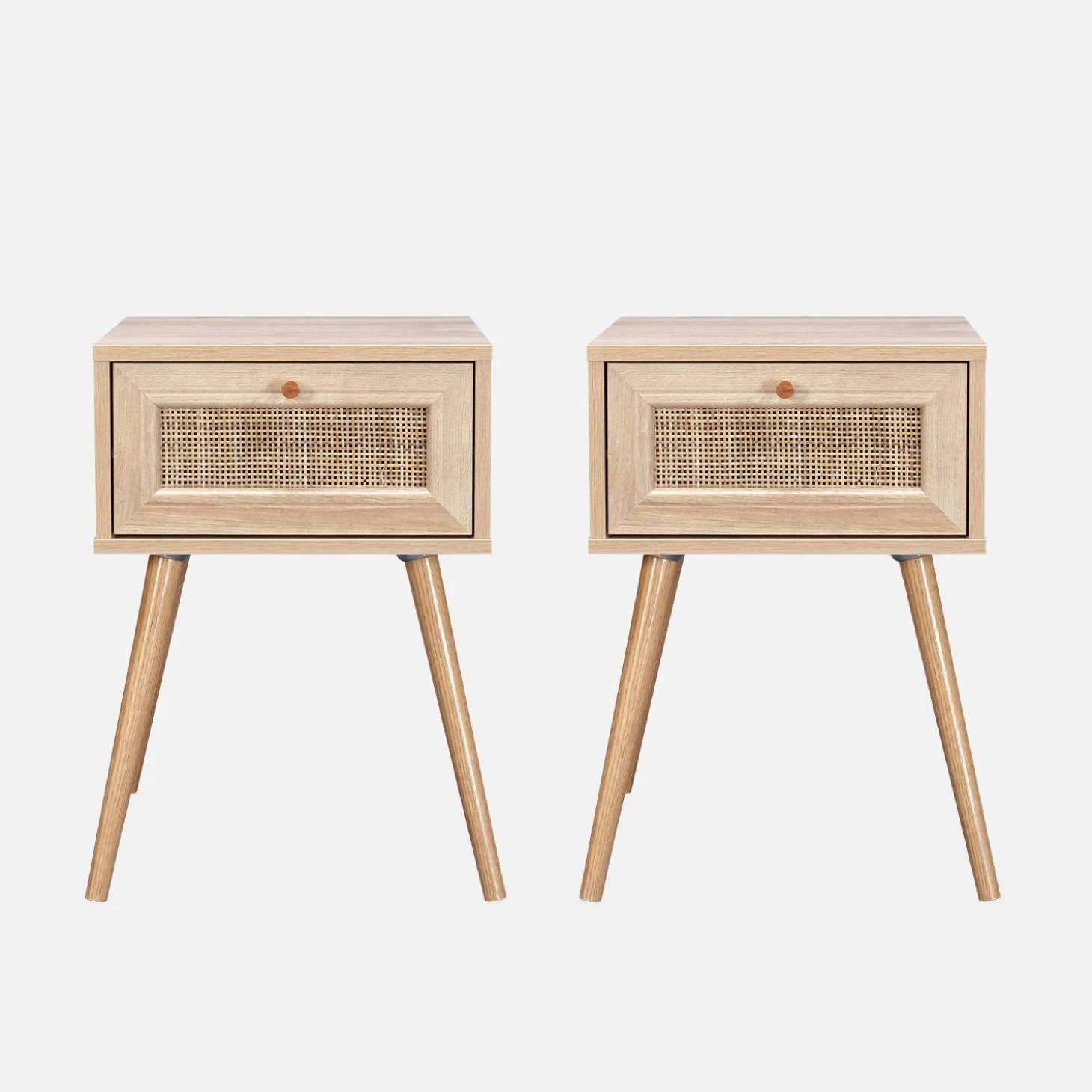 Mesita de noche de 1 cajón con efecto madera y caña, set de 2