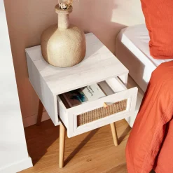Mesita de noche de 1 cajón con efecto madera y caña