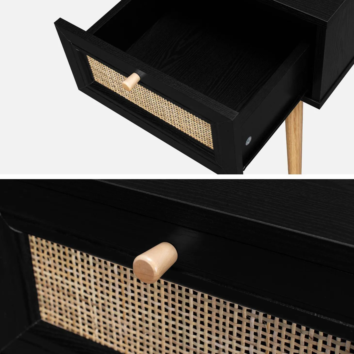 Mesita de noche de 1 cajón con efecto madera y caña, set de 2