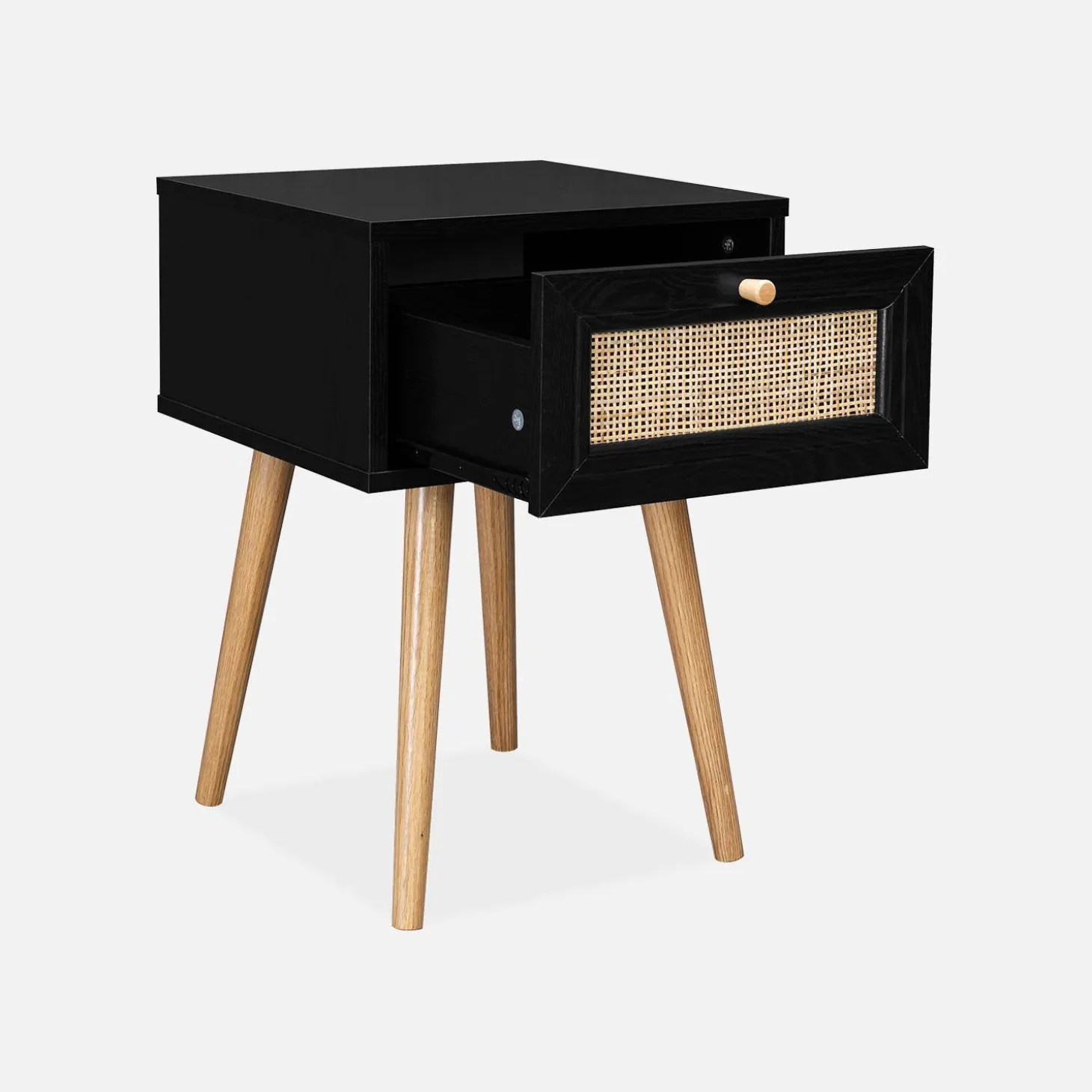 Mesita de noche de 1 cajón con efecto madera y caña, set de 2