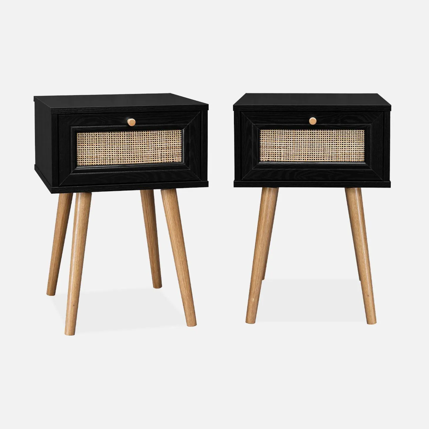 Mesita de noche de 1 cajón con efecto madera y caña, set de 2