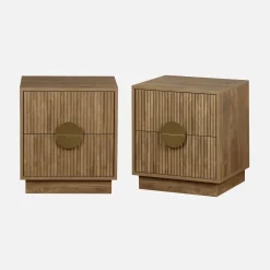 Mesita de noche de 2 cajones efecto madera de mango estriada, set de 2