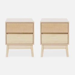 Mesita de noche de 2 cajones con efecto madera, set de 2