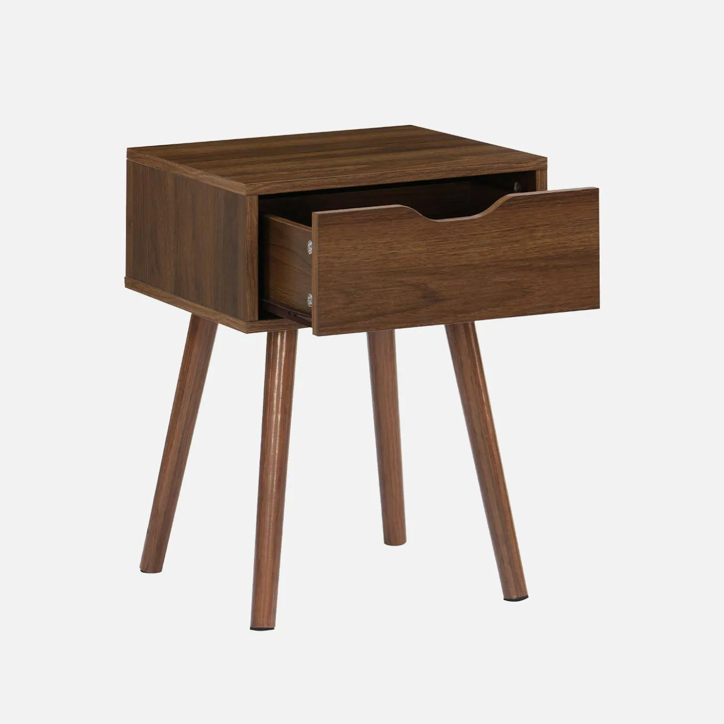 Mesita de noche de madera teñida nogal, 1 cajón, set de 2