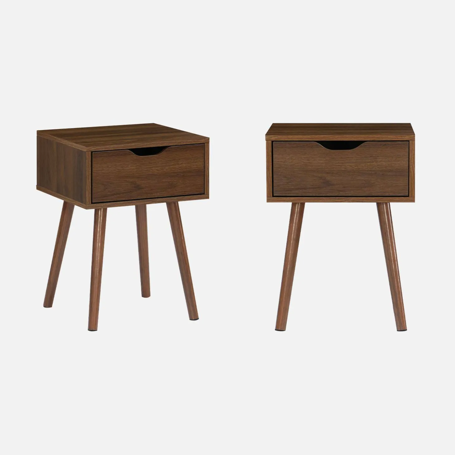 Mesita de noche de madera teñida nogal, 1 cajón, set de 2
