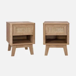 Mesita de noche efecto madera y caña, set de 2