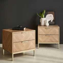 Mesita de noche efecto madera con diseño en espiga, set de 2