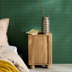 Mesita de noche efecto madera de mango con 1 puerta reversible, set de 2
