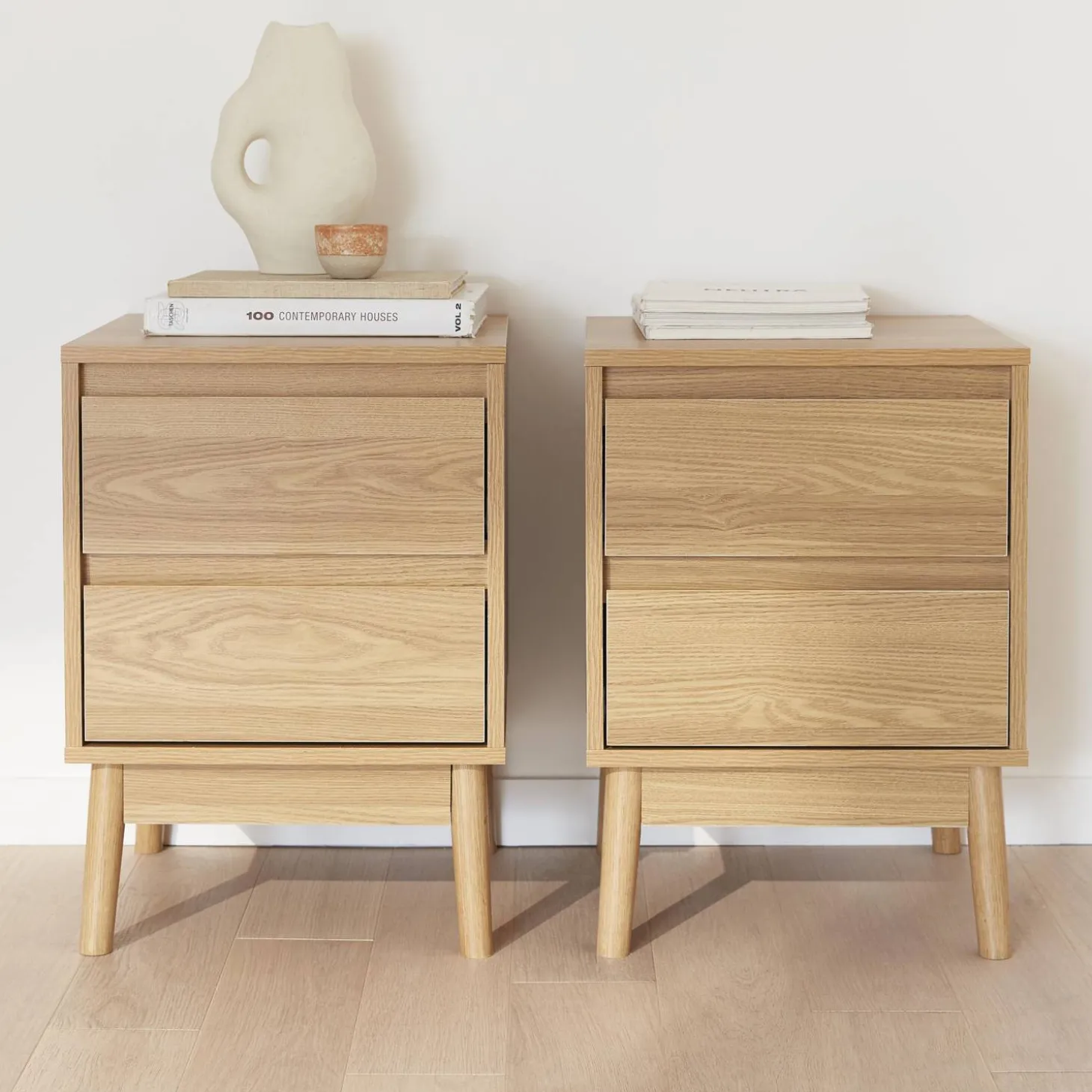 Mesita de noche efecto madera con 2 cajones, set de 2