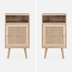 Mesita de noche escandinava con efecto madera y caña, set de 2