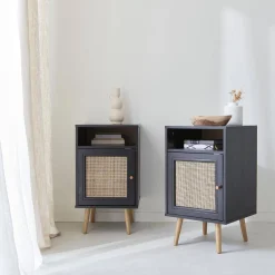 Mesita de noche escandinava con efecto madera y caña, set de 2