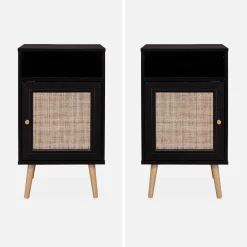 Mesita de noche escandinava con efecto madera y caña, set de 2