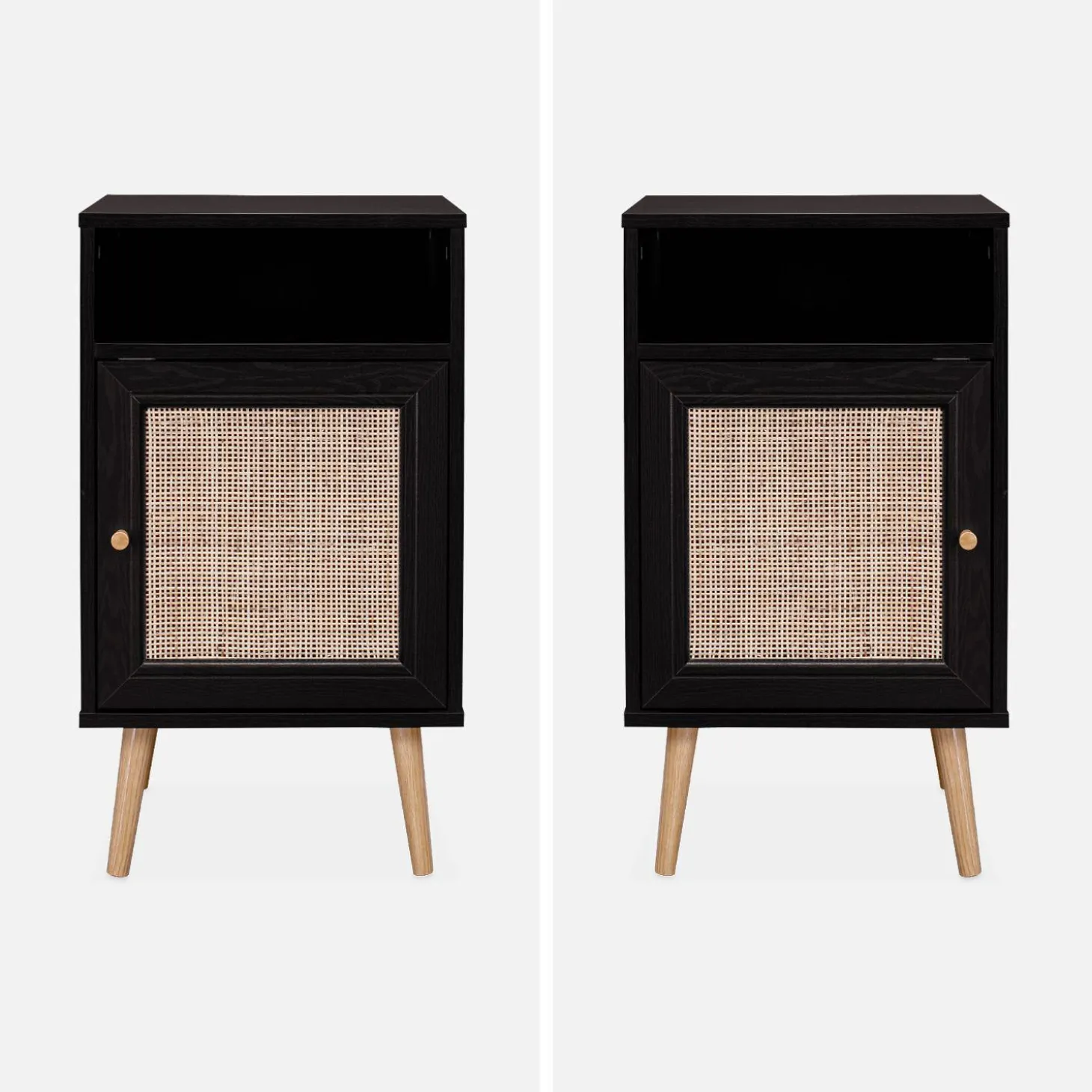 Mesita de noche escandinava con efecto madera y caña, set de 2