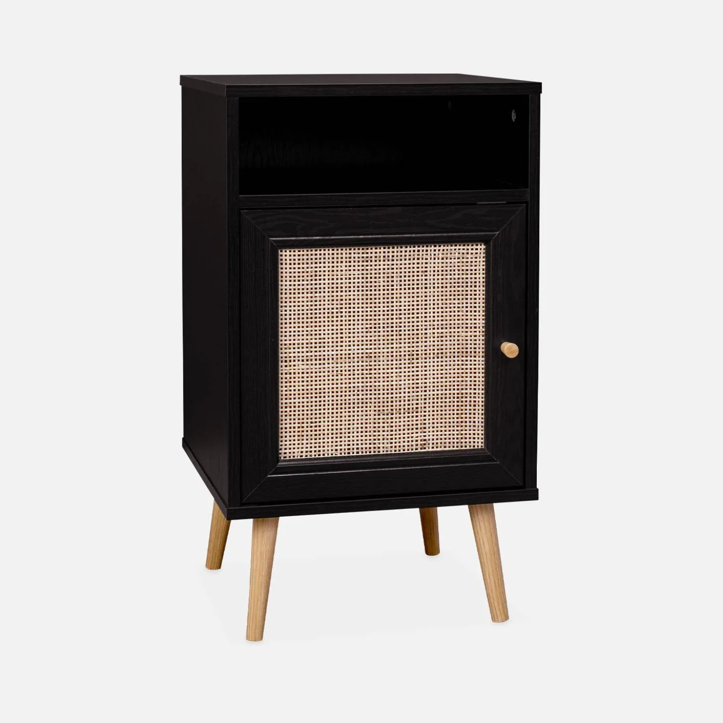 Mesita de noche escandinava con efecto madera y caña, set de 2