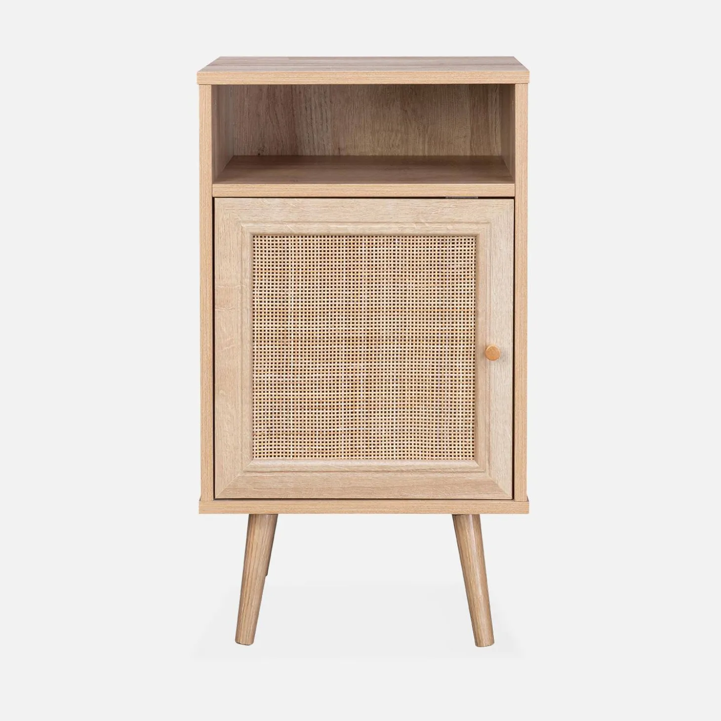 Mesita de noche escandinava de efecto madera y caña
