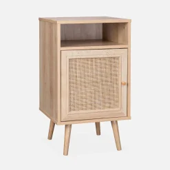 Mesita de noche escandinava de efecto madera y caña