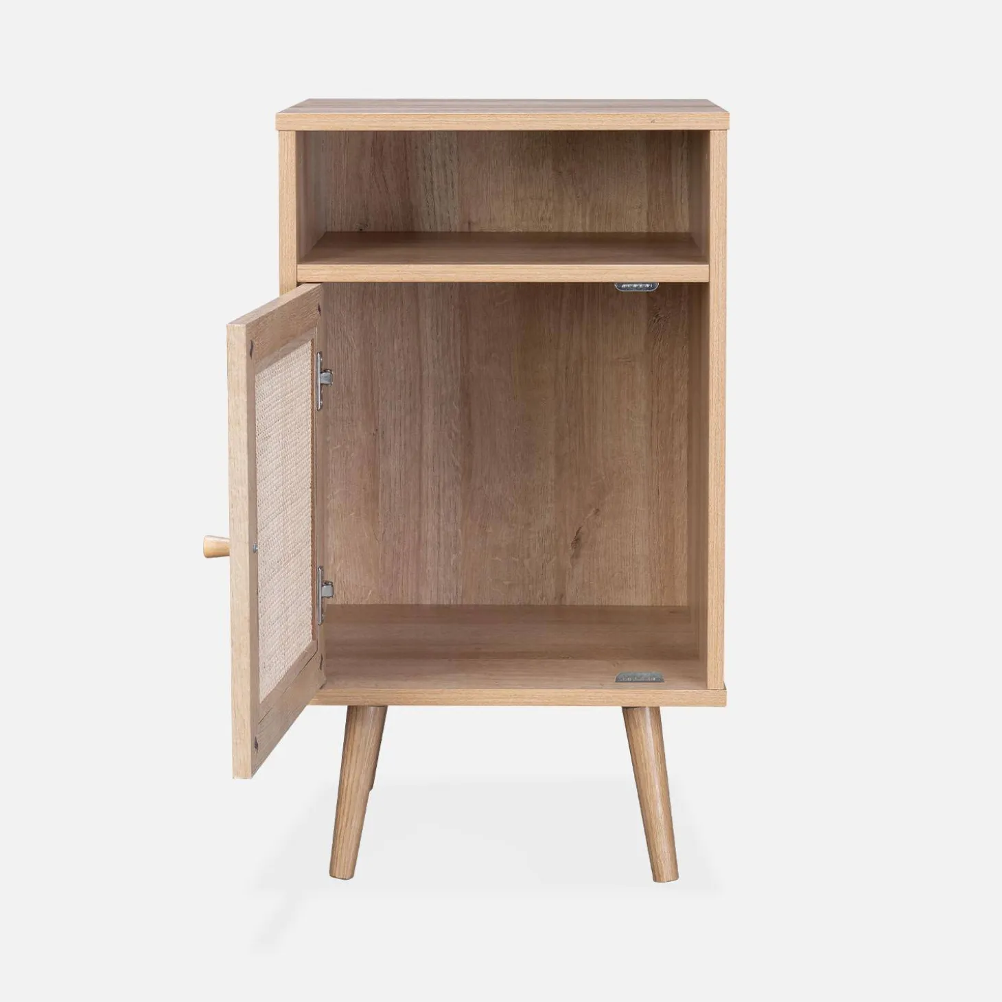 Mesita de noche escandinava de efecto madera y caña