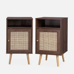 Mesita de noche escandinava con efecto madera y caña, set de 2