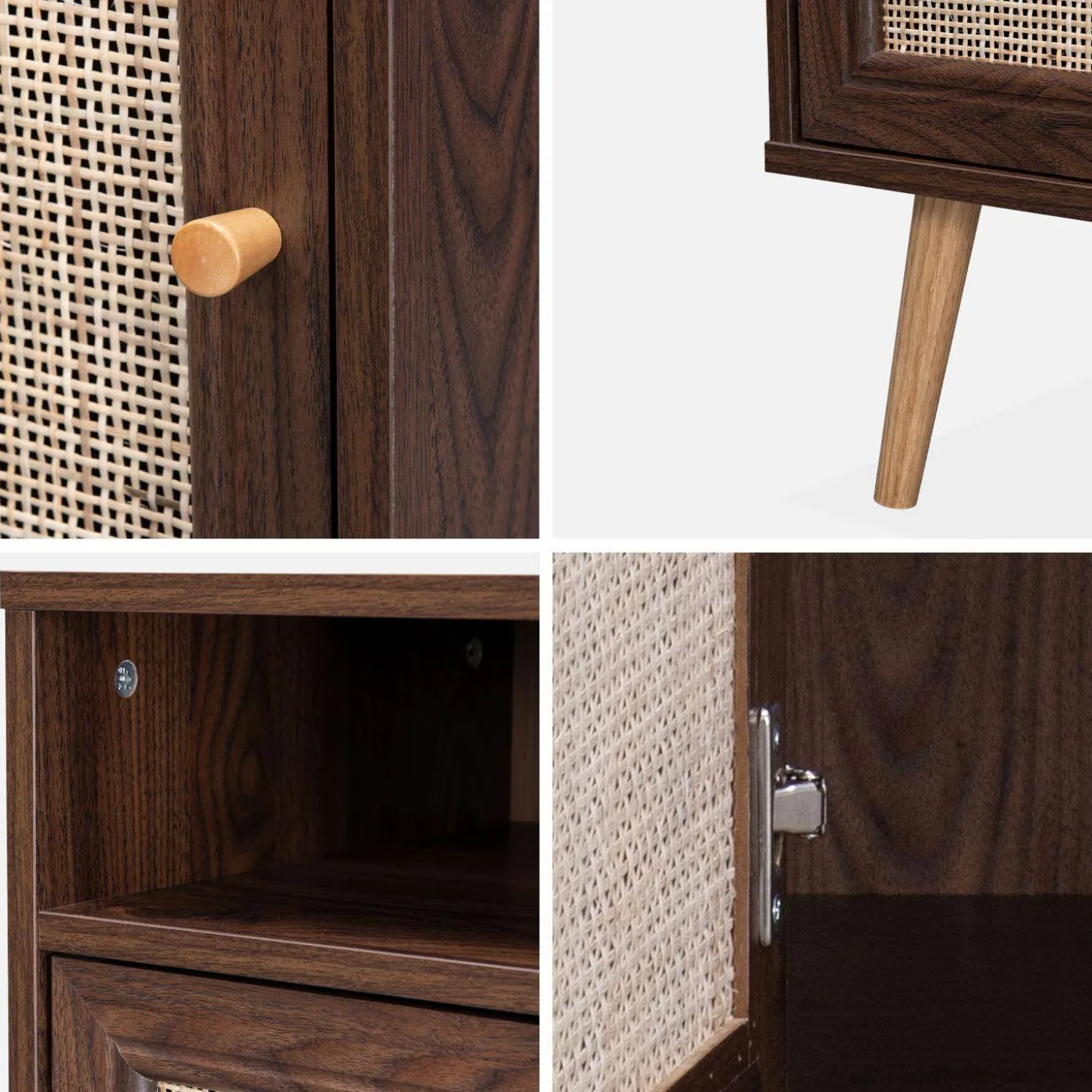 Mesita de noche escandinava con efecto madera y caña, set de 2