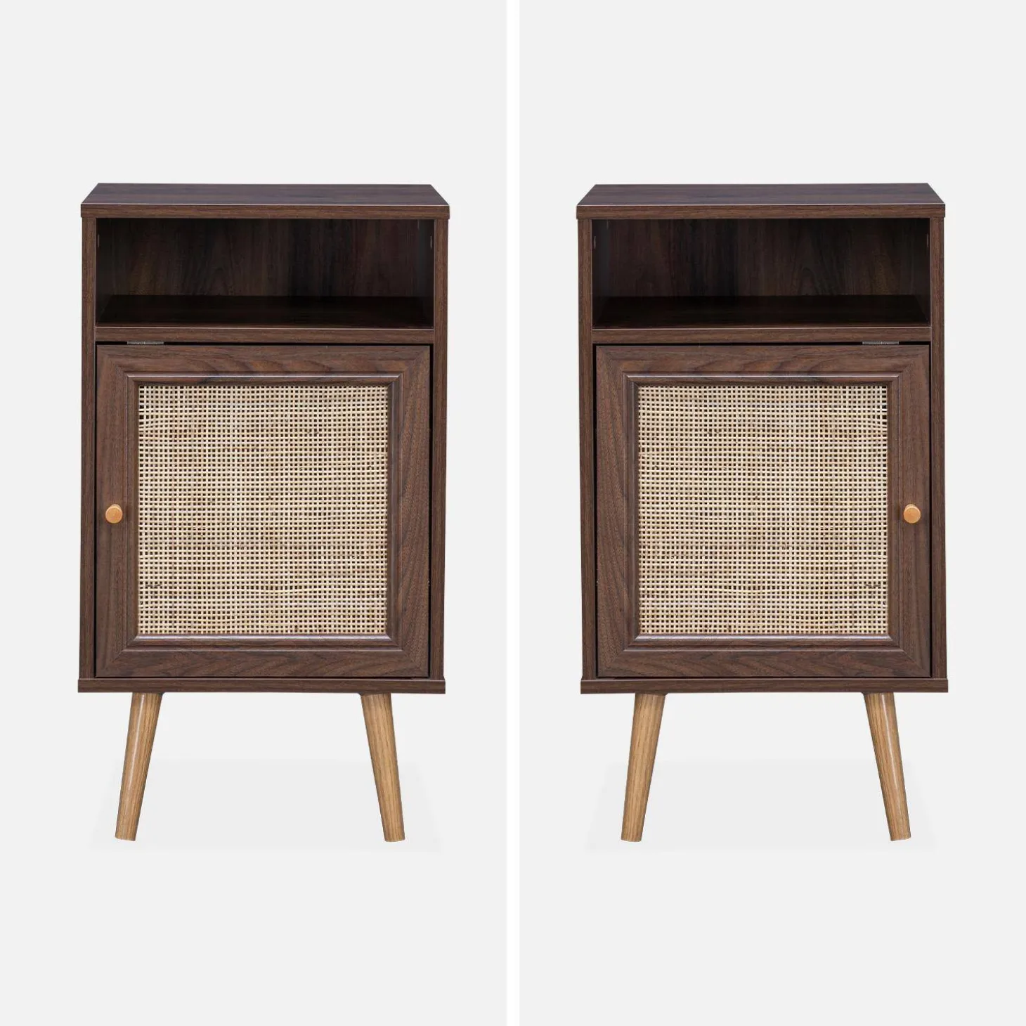 Mesita de noche escandinava con efecto madera y caña, set de 2