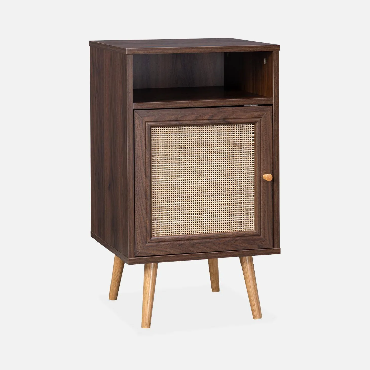 Mesita de noche escandinava con efecto madera y caña, set de 2