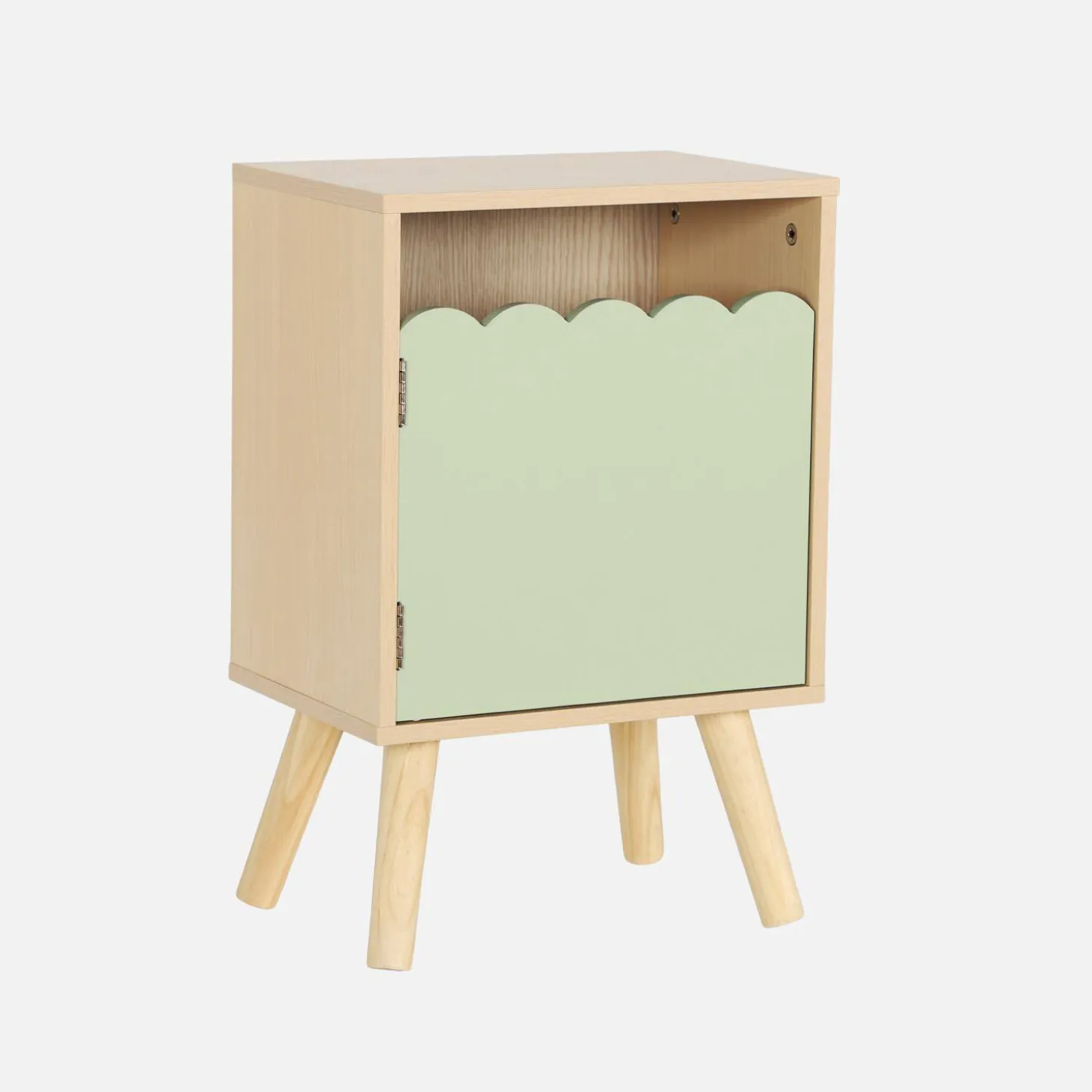 Mesita de noche infantil con patas de madera de pino, 1 puerta