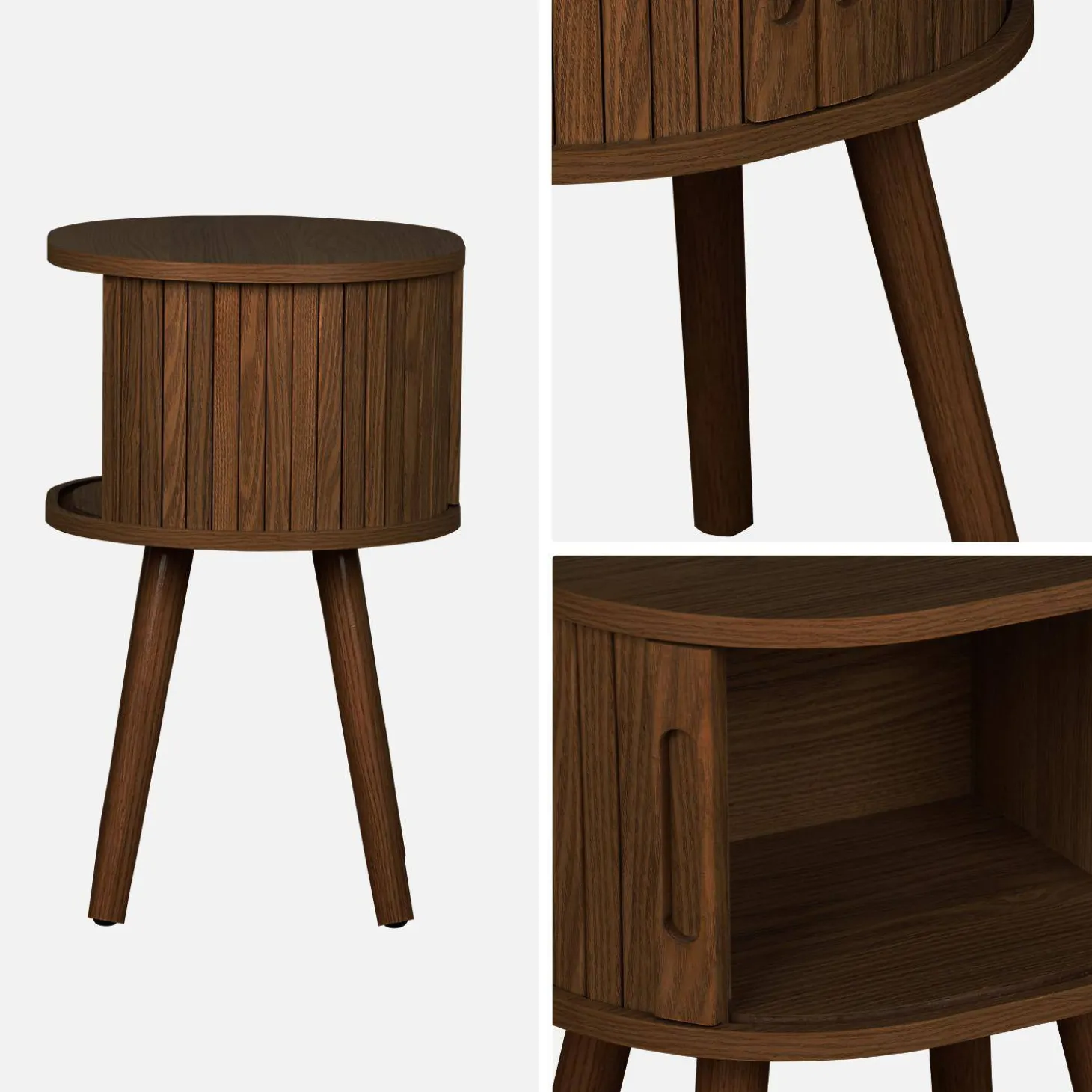 Mesita de noche ovalada escandinava con decoración madera ranurada, set de 2
