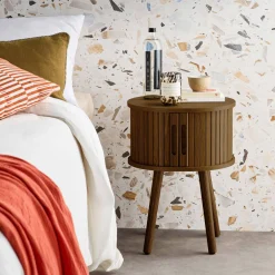 Mesita de noche ovalada escandinava con decoración madera ranurada, set de 2