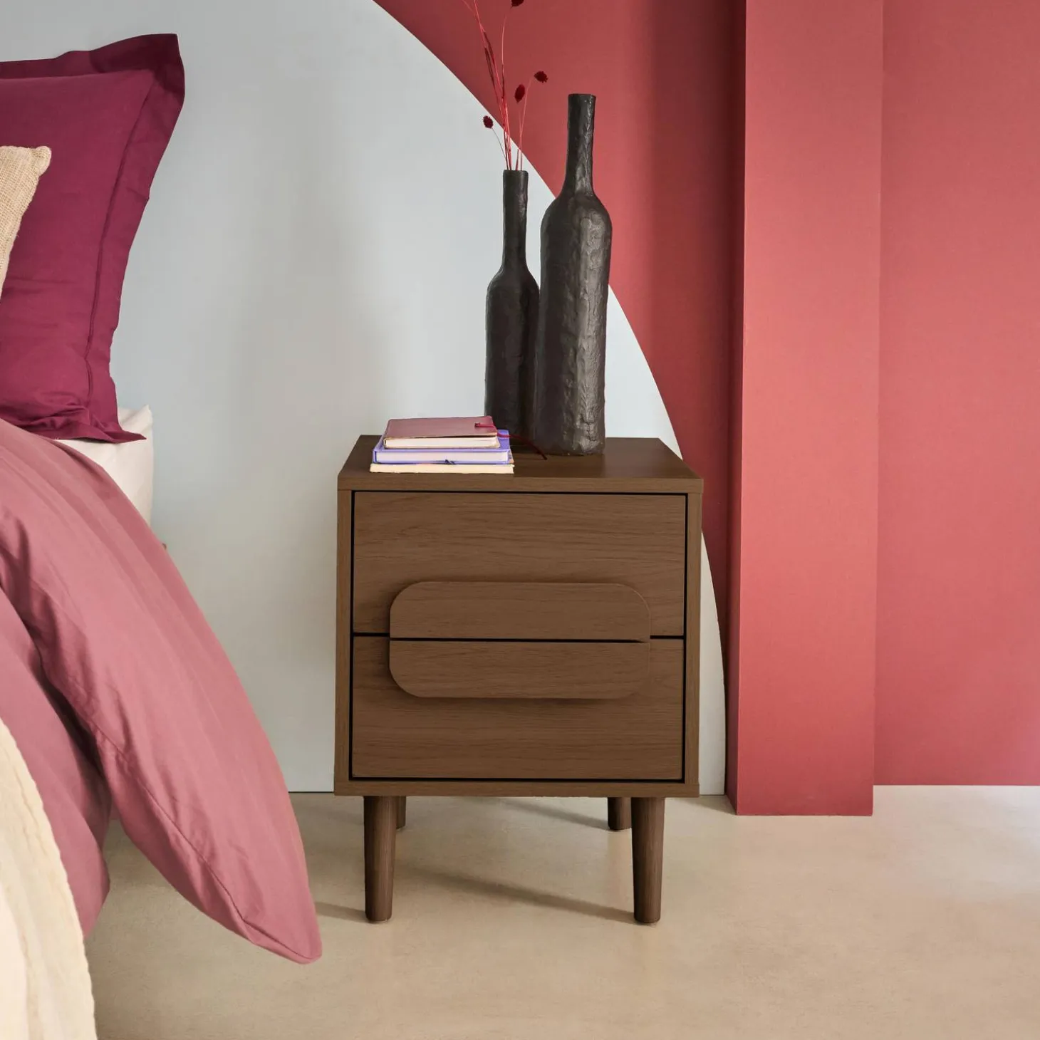 Mesita de noche vintage efecto madera con 2 cajones, set de 2