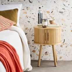 Mesita ovalada escandinava con efecto madera ranurada, 2 puertas correderas