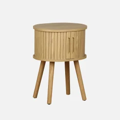 Mesita ovalada escandinava con efecto madera ranurada, 2 puertas correderas