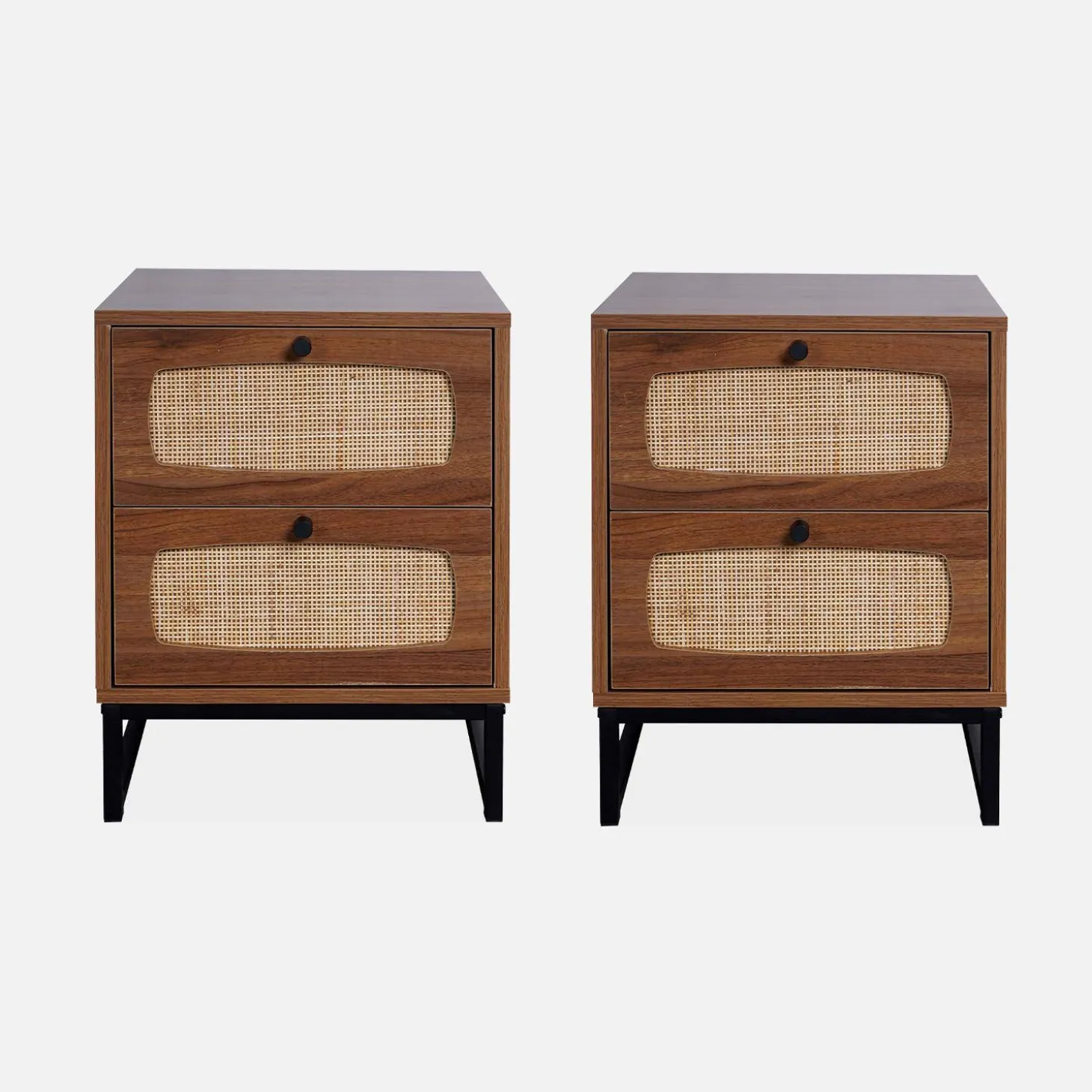 Mesitas de noche de madera y caña, set de 2